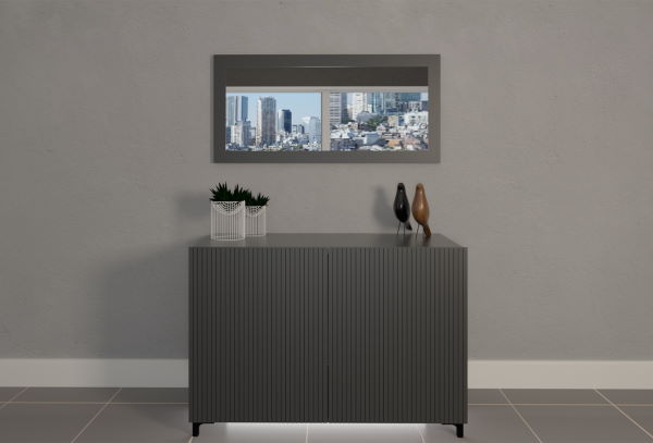 Sideboard with engraving and black lacquered urban mirror