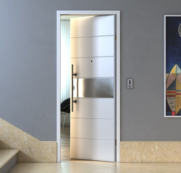 White armored door with stainless steel insert