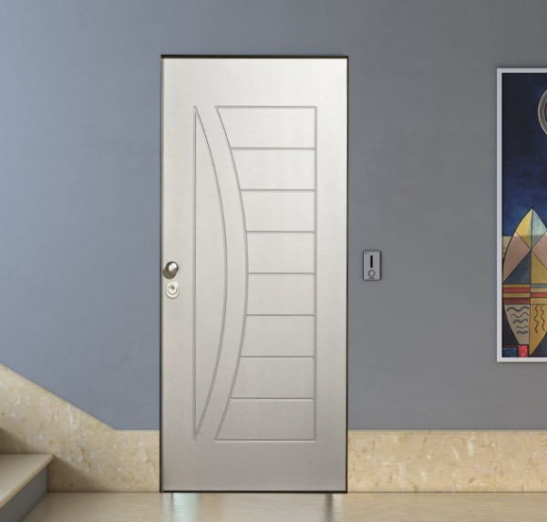 Pantographed armored door with white finish